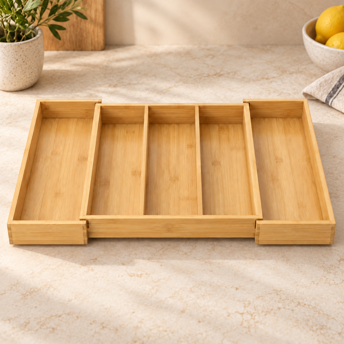 Healthyaus Expandable Bamboo-Look Cutlery Tray with Multi-Compartment Design