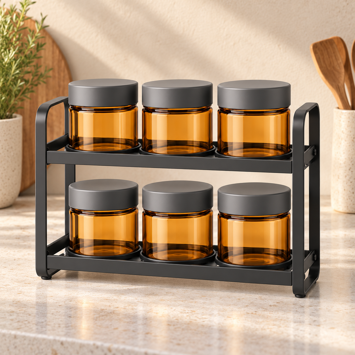 Healthyaus Two-Tier Spice Jar Rack with Six Amber Storage Canisters