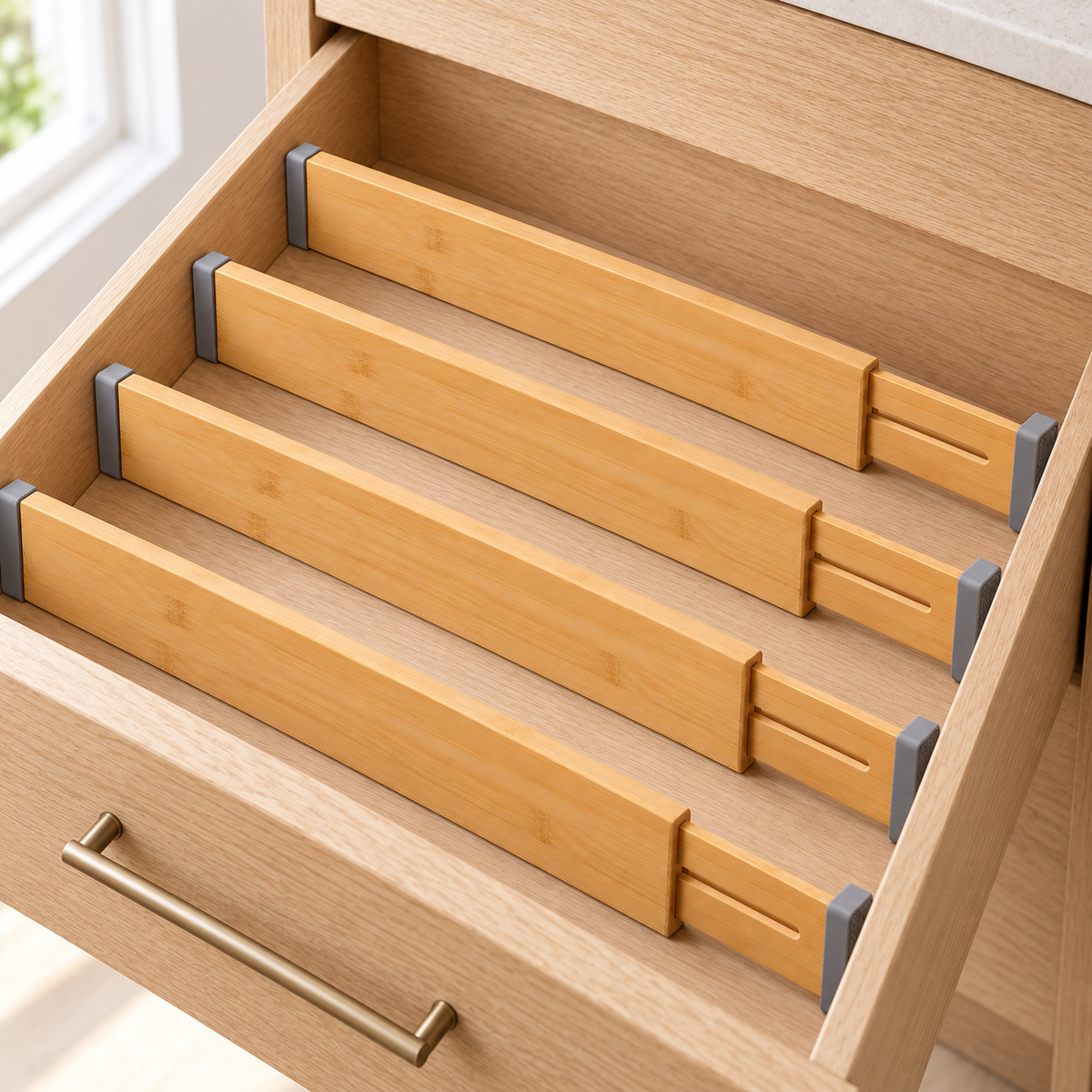 Healthyaus Bamboo-Look Adjustable Drawer Dividers with Gray End Caps