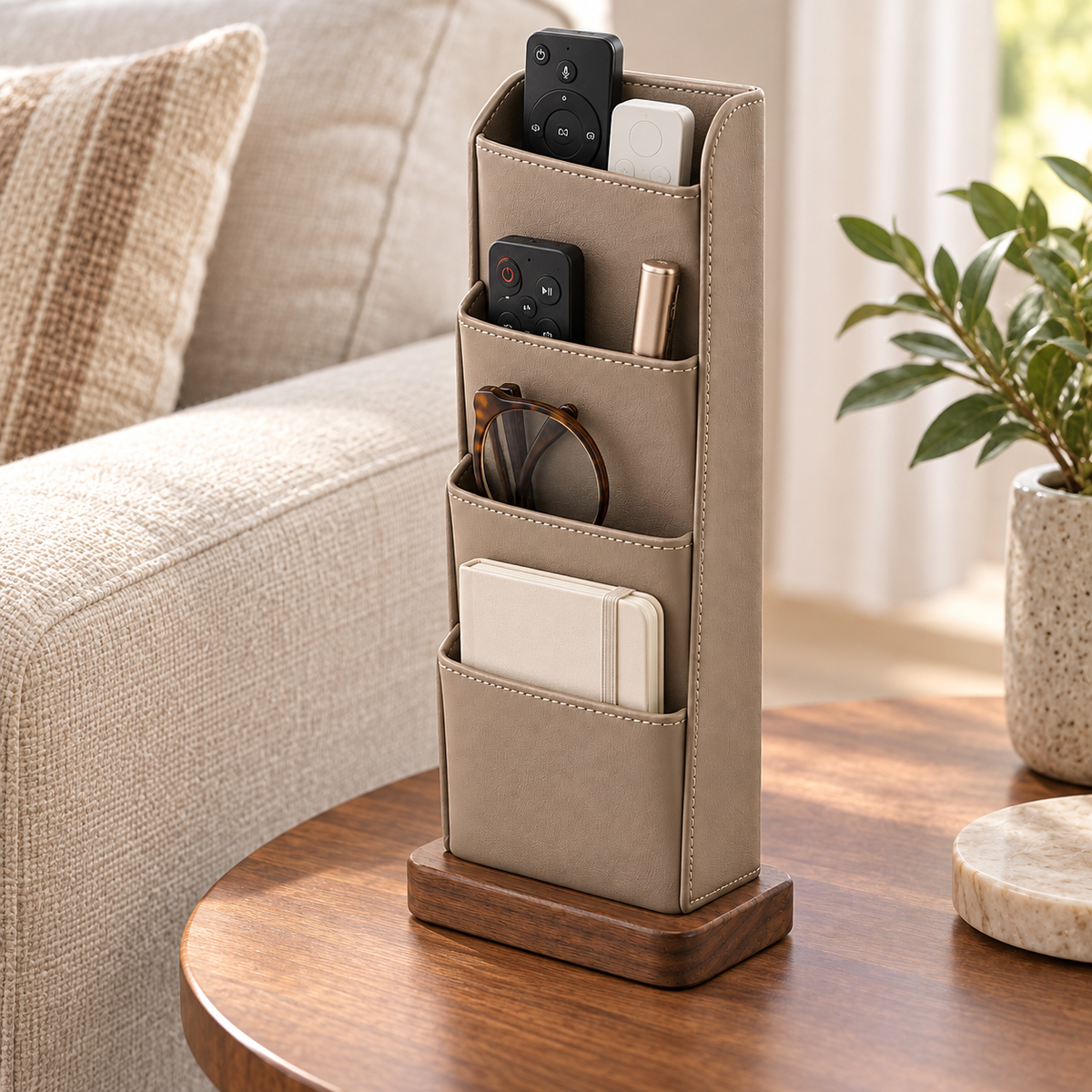 Healthyaus Taupe Remote Control Organizer with Four Front Pockets and Wood-Look Base