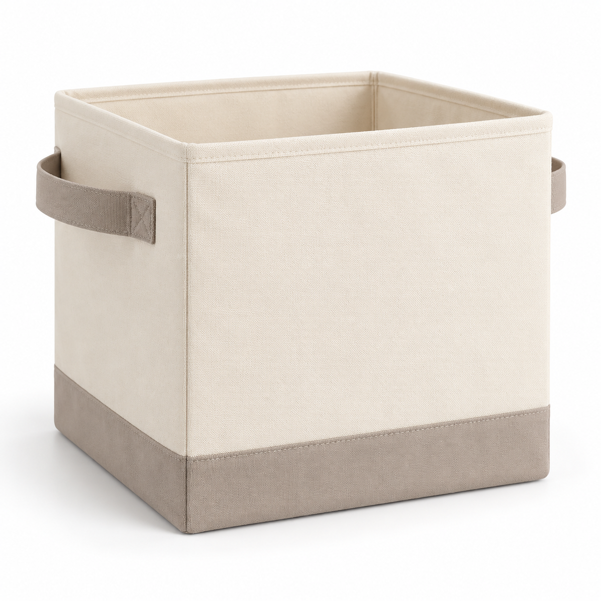 Healthyaus Ivory Fabric-Look Square Storage Bin with Taupe Base and Side Handles