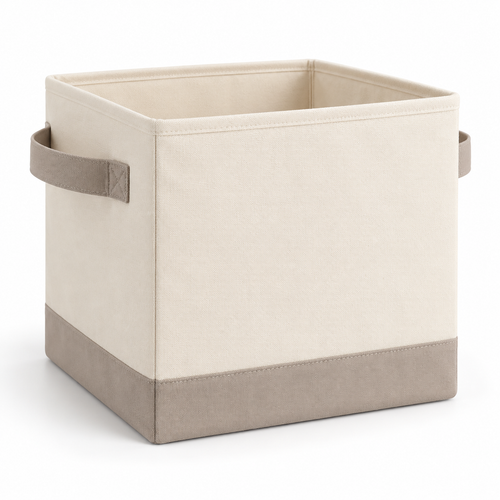 Healthyaus Ivory Fabric-Look Square Storage Bin with Taupe Base and Side Handles