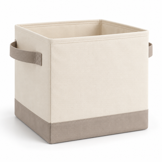 Healthyaus Ivory Fabric-Look Square Storage Bin with Taupe Base and Side Handles