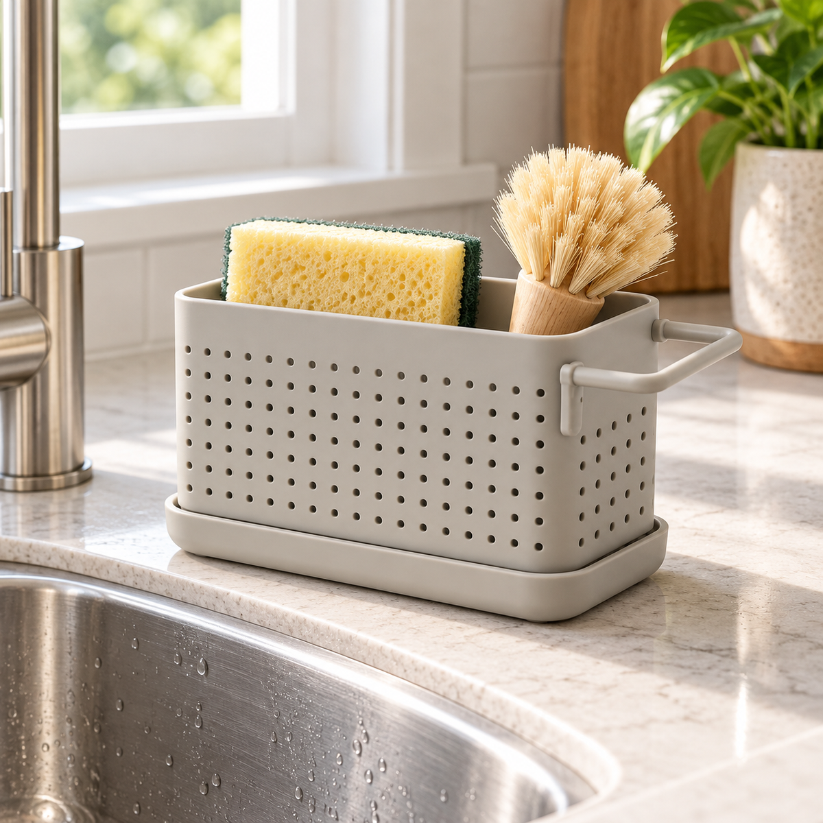 Healthyaus Light Gray Perforated Sink Organizer with Side Handle and Base Tray