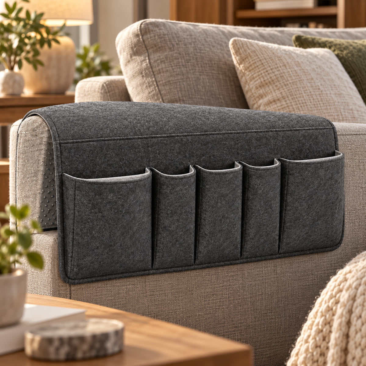 Healthyaus Dark Gray Sofa Arm Organizer with Five Front Storage Pockets