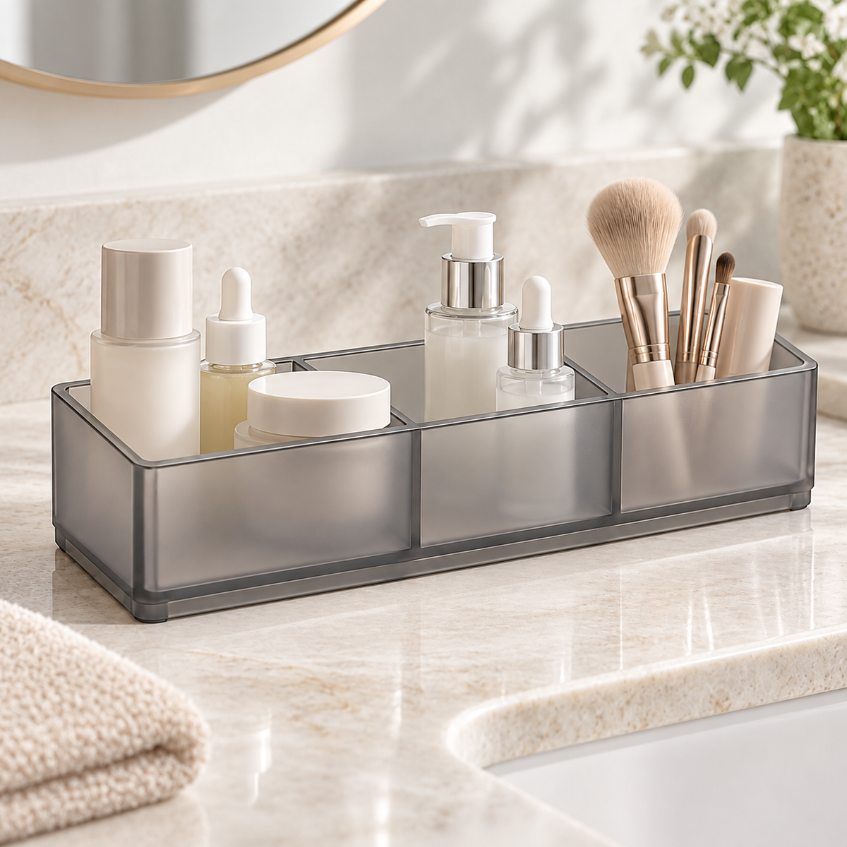 Healthyaus Smoke Gray Three-Compartment Bathroom Organizer Tray