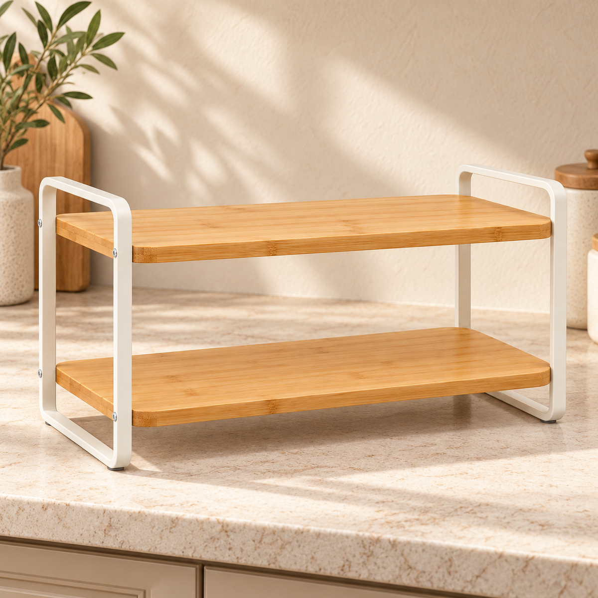 Healthyaus Two-Tier Bamboo-Look Countertop Storage Rack with Warm White Side Frame