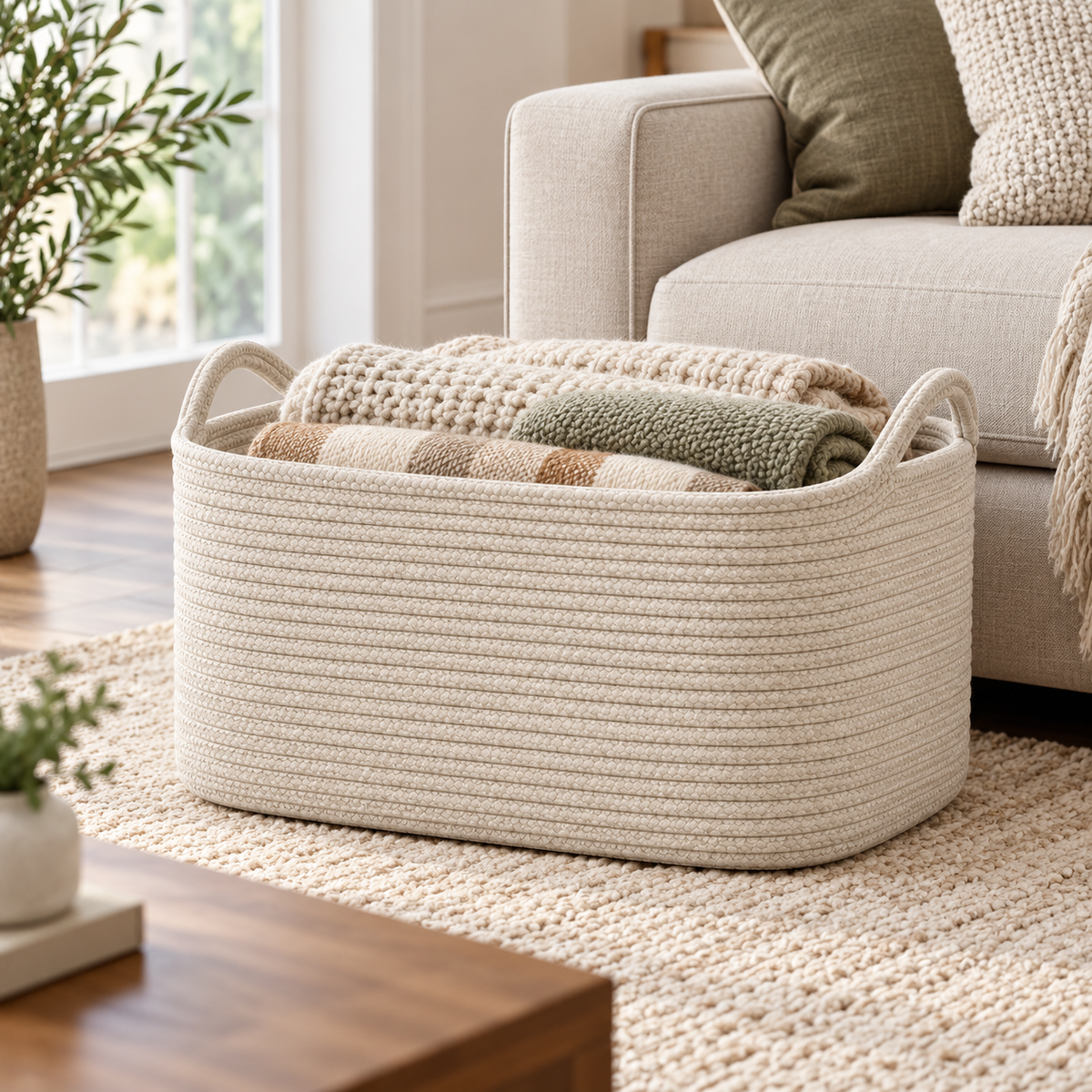 Healthyaus Large Beige Woven Storage Basket with Dual Handle Design