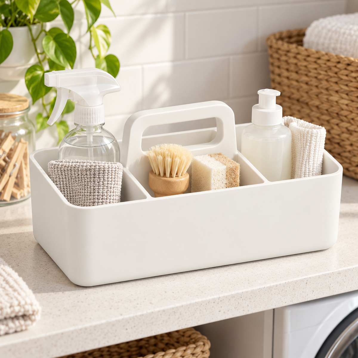 Healthyaus White Three-Compartment Cleaning Caddy with Center Handle