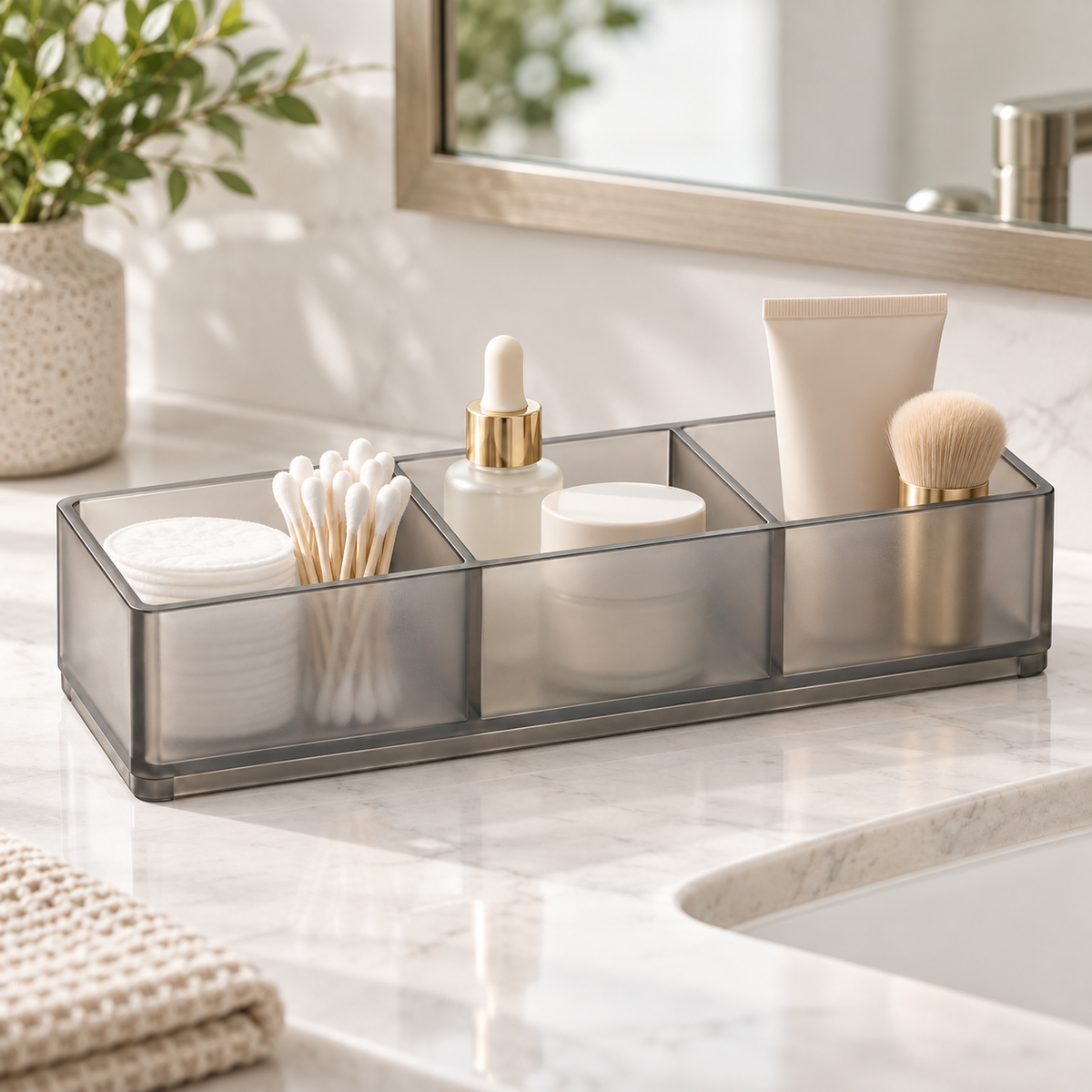 Healthyaus Smoke Gray Three-Compartment Bathroom Organizer Tray