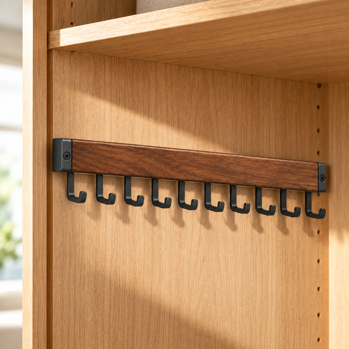 Healthyaus Walnut Wood-Look Wall-Mounted Coat Rack with Ten Black Hooks