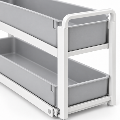 Healthyaus White Two-Tier Under-Sink Sliding Organizer with Gray Pull-Out Trays