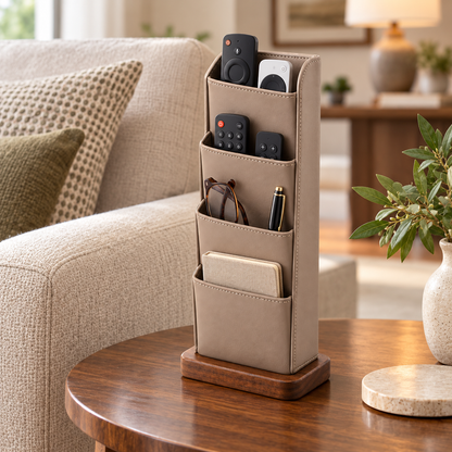 Healthyaus Taupe Remote Control Organizer with Four Front Pockets and Wood-Look Base