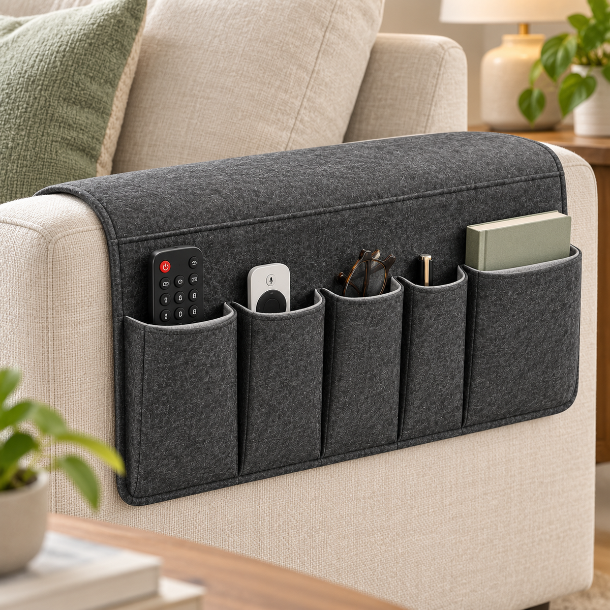 Healthyaus Dark Gray Sofa Arm Organizer with Five Front Storage Pockets