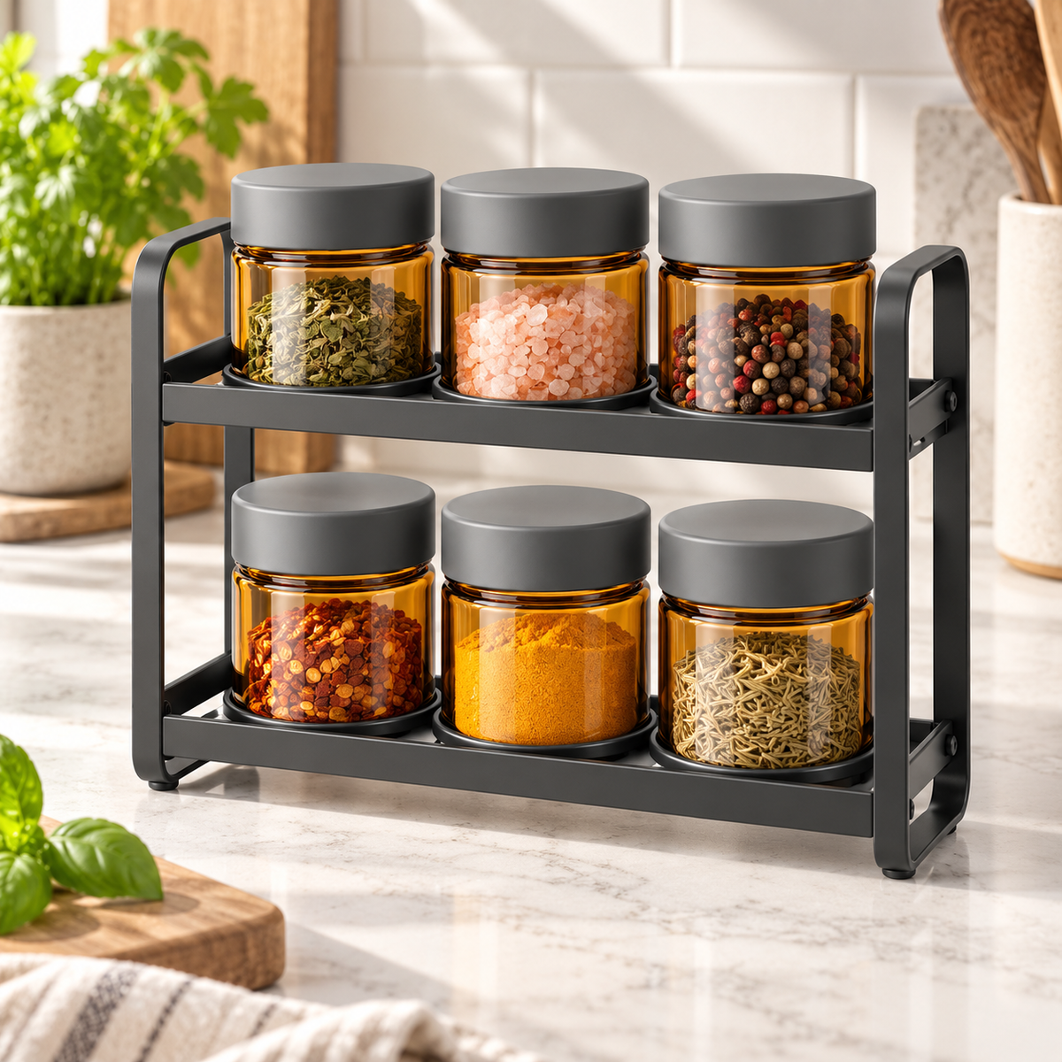 Healthyaus Two-Tier Spice Jar Rack with Six Amber Storage Canisters