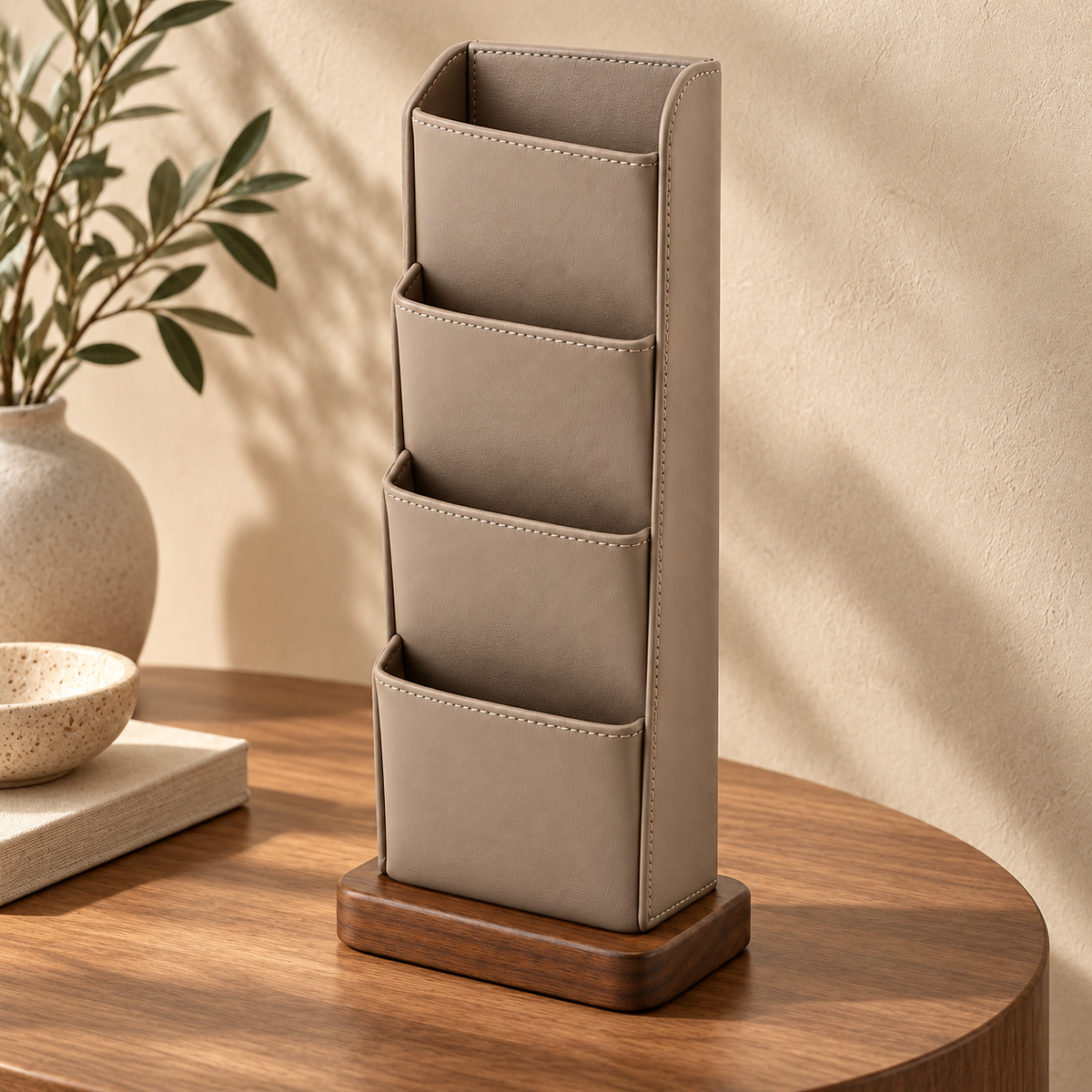 Healthyaus Taupe Remote Control Organizer with Four Front Pockets and Wood-Look Base