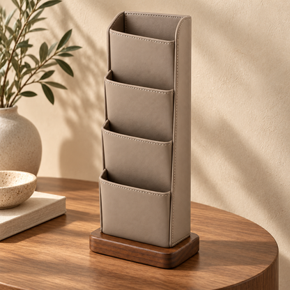 Healthyaus Taupe Remote Control Organizer with Four Front Pockets and Wood-Look Base