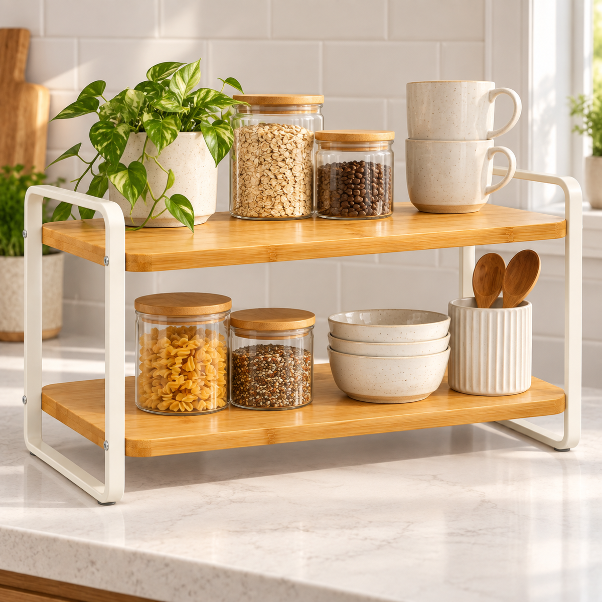 Healthyaus Two-Tier Bamboo-Look Countertop Storage Rack with Warm White Side Frame