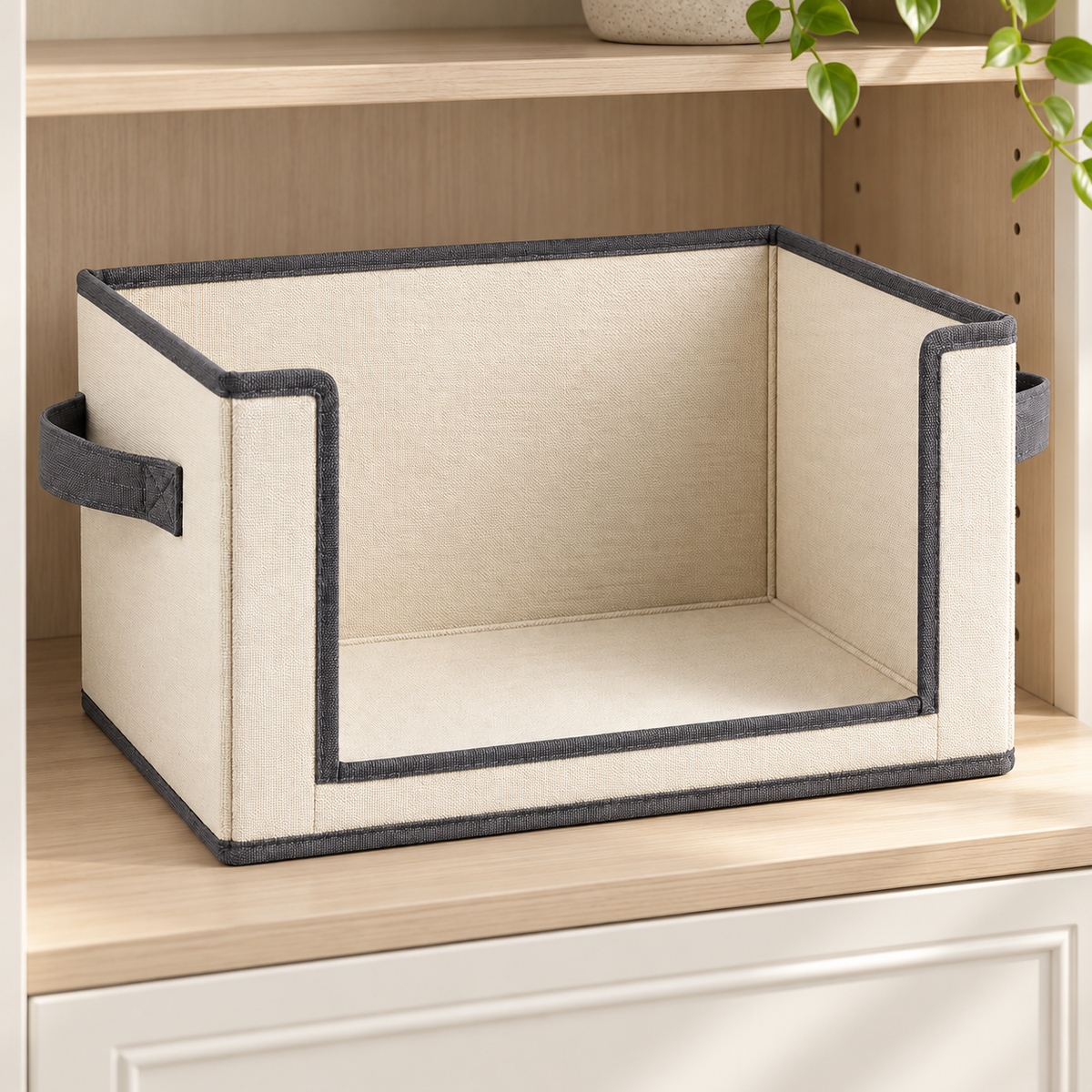 Healthyaus Ivory Open Fabric-Look Storage Bin with Gray Edge Detail