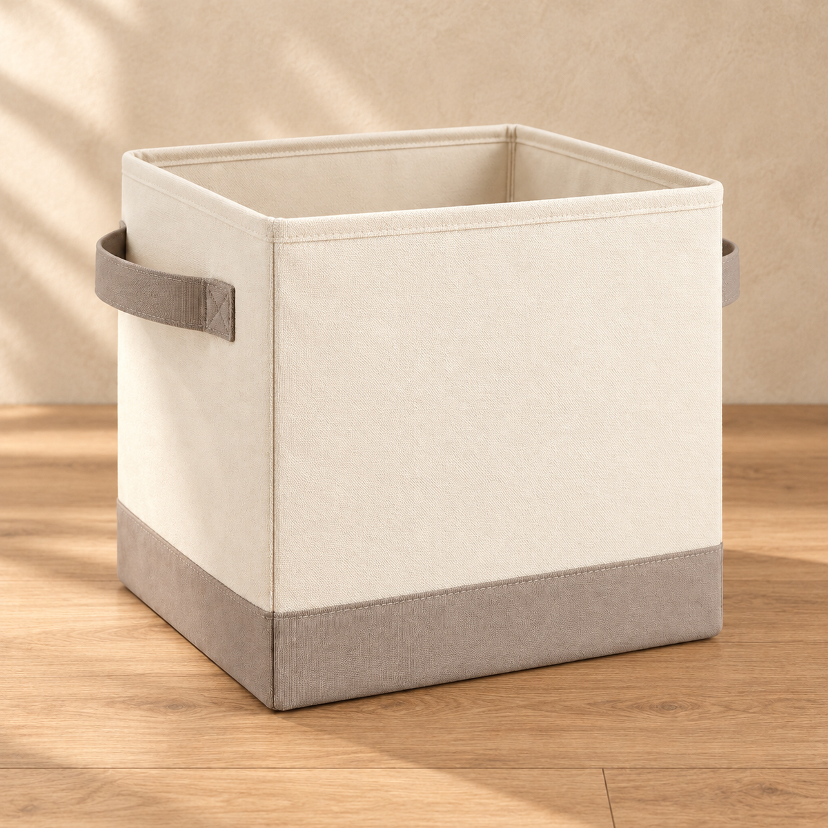 Healthyaus Ivory Fabric-Look Square Storage Bin with Taupe Base and Side Handles