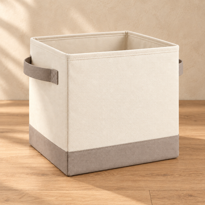 Healthyaus Ivory Fabric-Look Square Storage Bin with Taupe Base and Side Handles