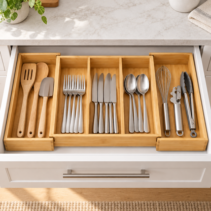 Healthyaus Expandable Bamboo-Look Cutlery Tray with Multi-Compartment Design