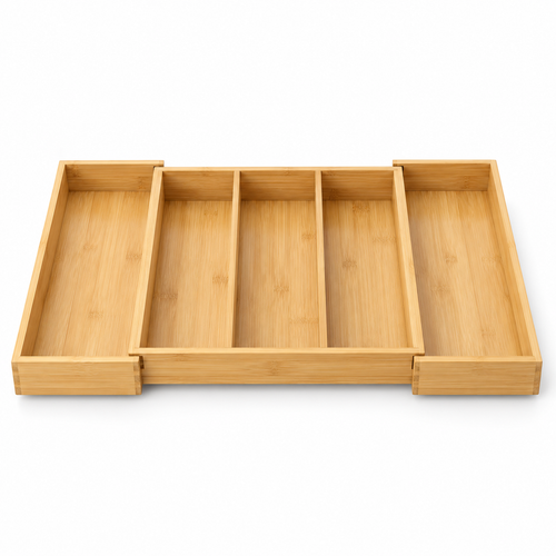 Healthyaus Expandable Bamboo-Look Cutlery Tray with Multi-Compartment Design