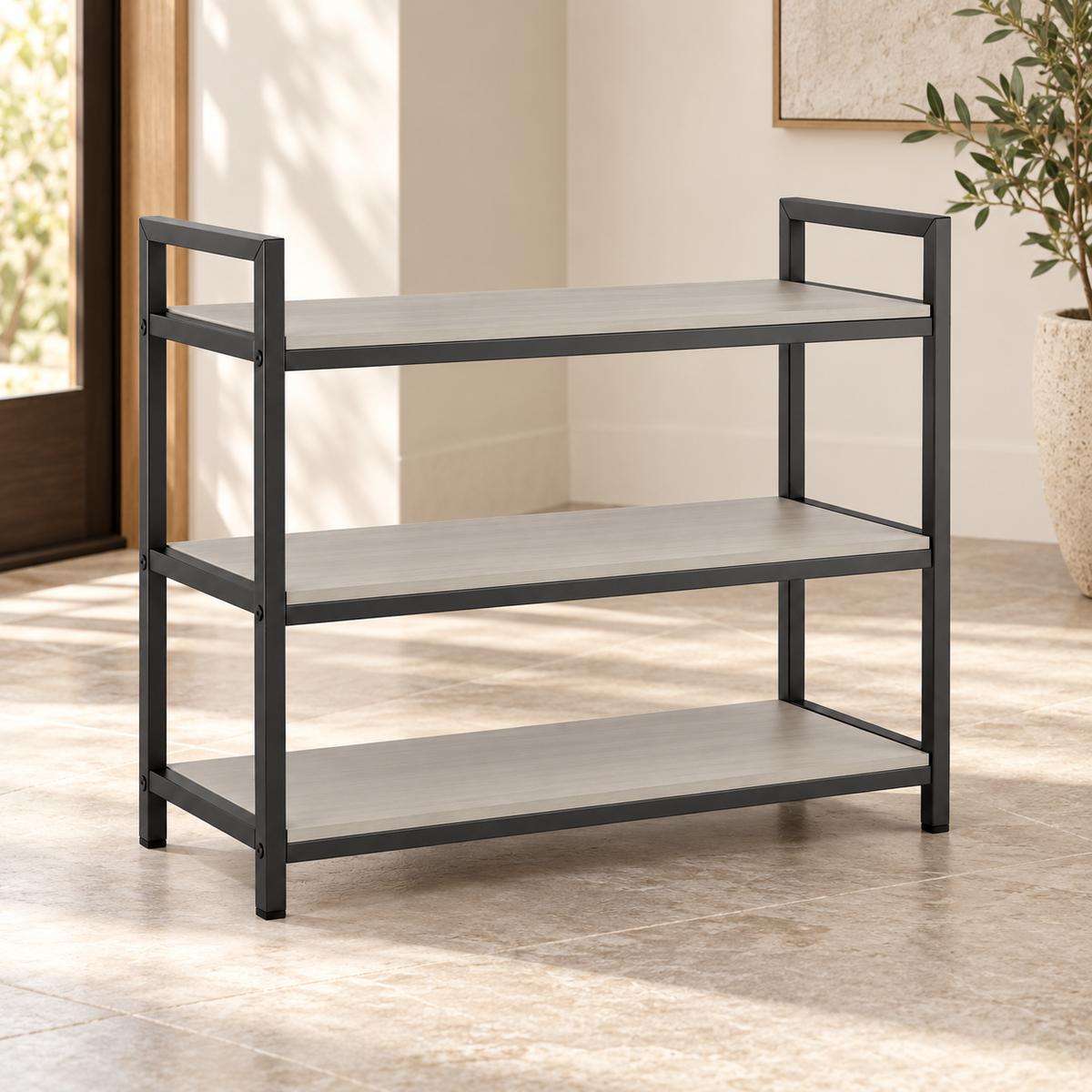 Healthyaus Three-Tier Open Shoe Rack with Light Wood-Look Shelves and Dark Frame