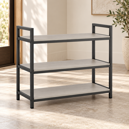 Healthyaus Three-Tier Open Shoe Rack with Light Wood-Look Shelves and Dark Frame