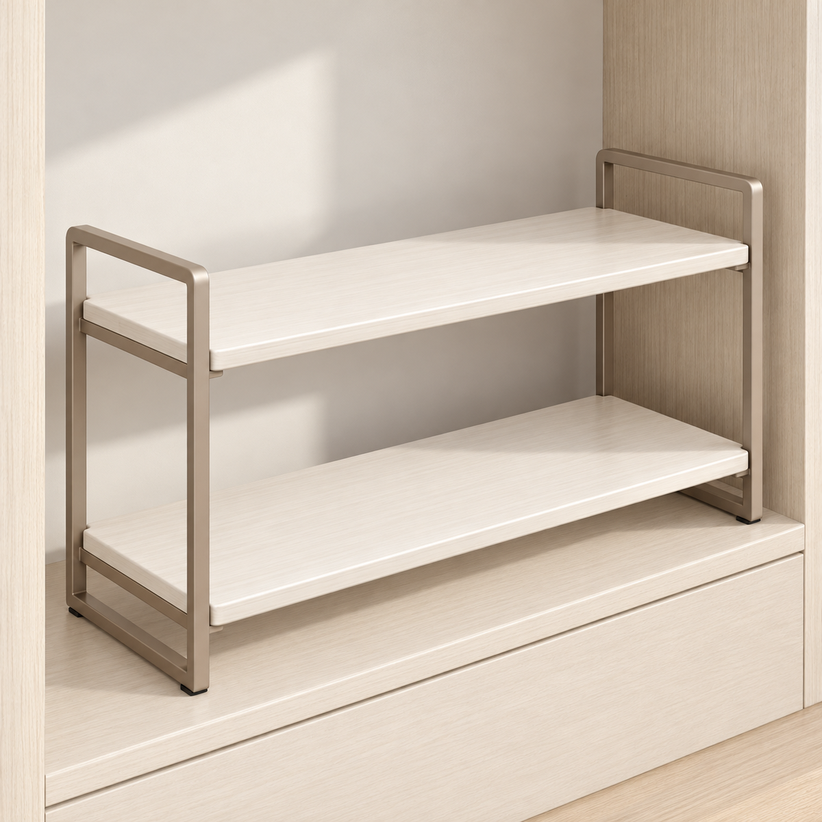 Healthyaus Two-Tier Closet Storage Shelf with Light Wood-Look Panels