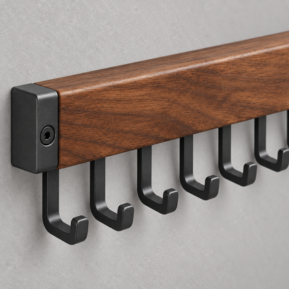 Healthyaus Walnut Wood-Look Wall-Mounted Coat Rack with Ten Black Hooks