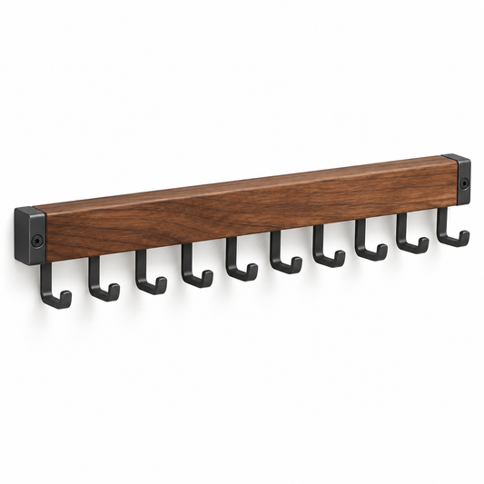 Healthyaus Walnut Wood-Look Wall-Mounted Coat Rack with Ten Black Hooks