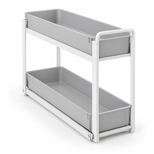 Healthyaus White Two-Tier Under-Sink Sliding Organizer with Gray Pull-Out Trays