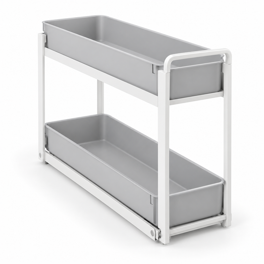 Healthyaus White Two-Tier Under-Sink Sliding Organizer with Gray Pull-Out Trays