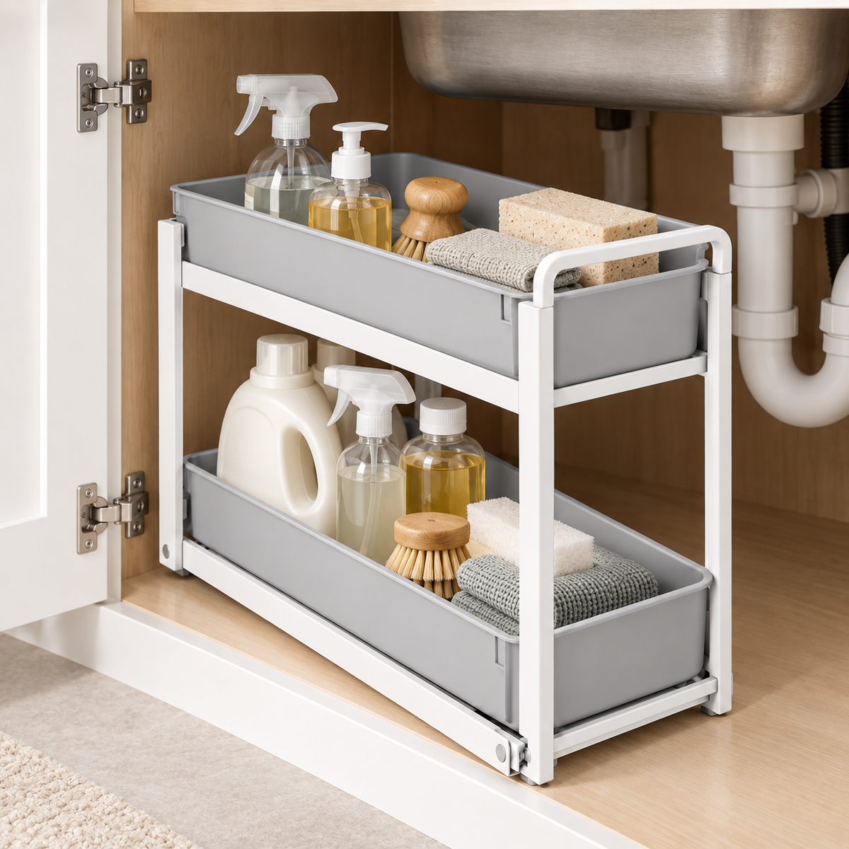 Healthyaus White Two-Tier Under-Sink Sliding Organizer with Gray Pull-Out Trays