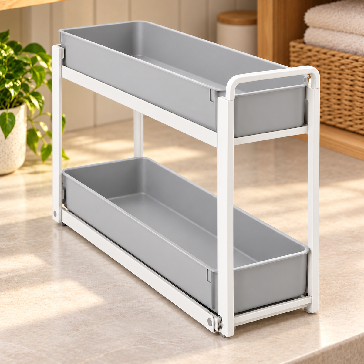 Healthyaus White Two-Tier Under-Sink Sliding Organizer with Gray Pull-Out Trays
