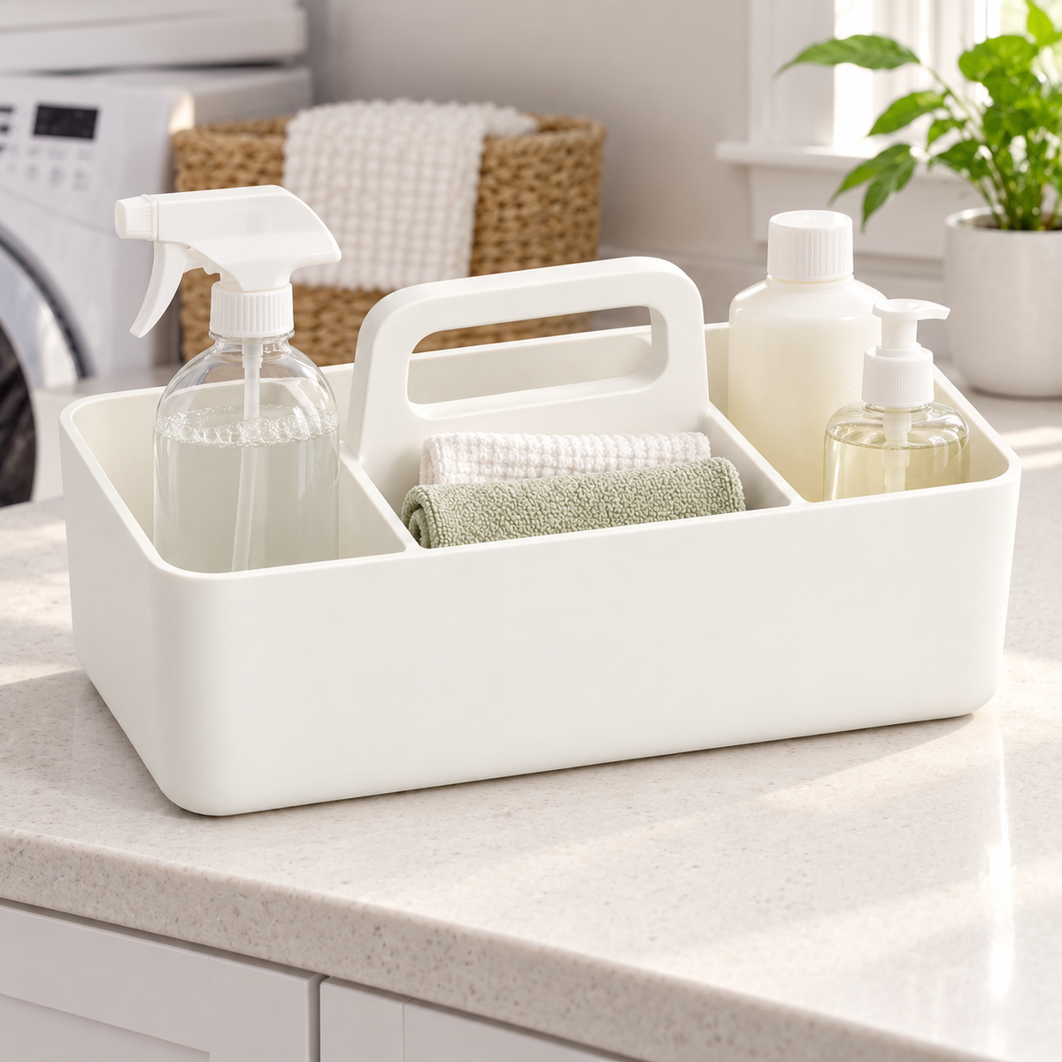 Healthyaus White Three-Compartment Cleaning Caddy with Center Handle