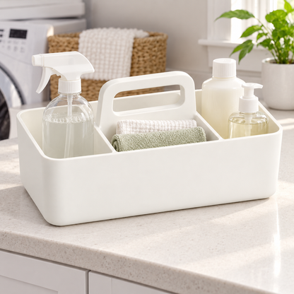 Healthyaus White Three-Compartment Cleaning Caddy with Center Handle