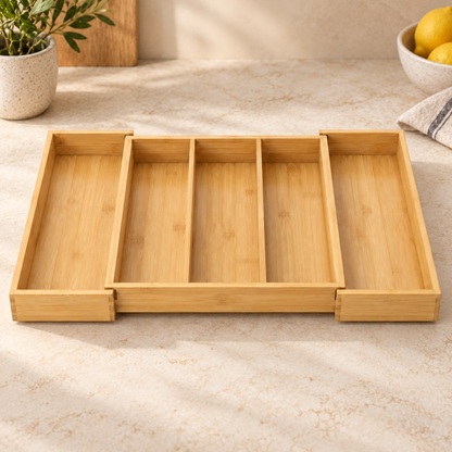 Healthyaus Expandable Bamboo-Look Cutlery Tray with Multi-Compartment Design