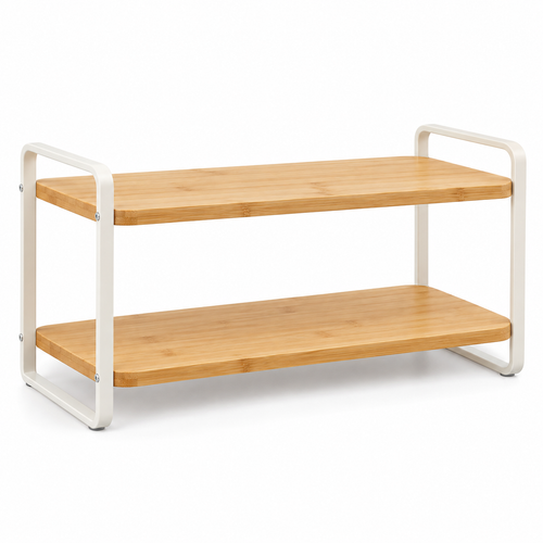 Healthyaus Two-Tier Bamboo-Look Countertop Storage Rack with Warm White Side Frame