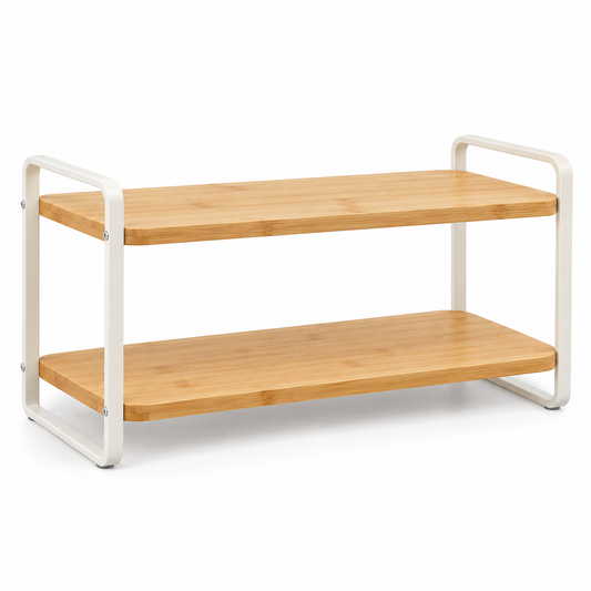 Healthyaus Two-Tier Bamboo-Look Countertop Storage Rack with Warm White Side Frame