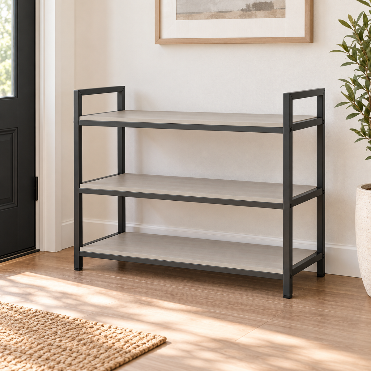 Healthyaus Three-Tier Open Shoe Rack with Light Wood-Look Shelves and Dark Frame