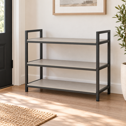 Healthyaus Three-Tier Open Shoe Rack with Light Wood-Look Shelves and Dark Frame