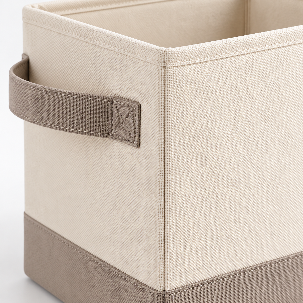 Healthyaus Ivory Fabric-Look Square Storage Bin with Taupe Base and Side Handles