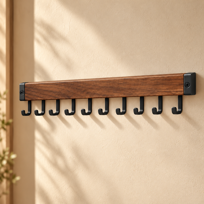 Healthyaus Walnut Wood-Look Wall-Mounted Coat Rack with Ten Black Hooks
