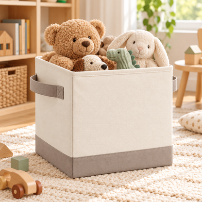 Healthyaus Ivory Fabric-Look Square Storage Bin with Taupe Base and Side Handles