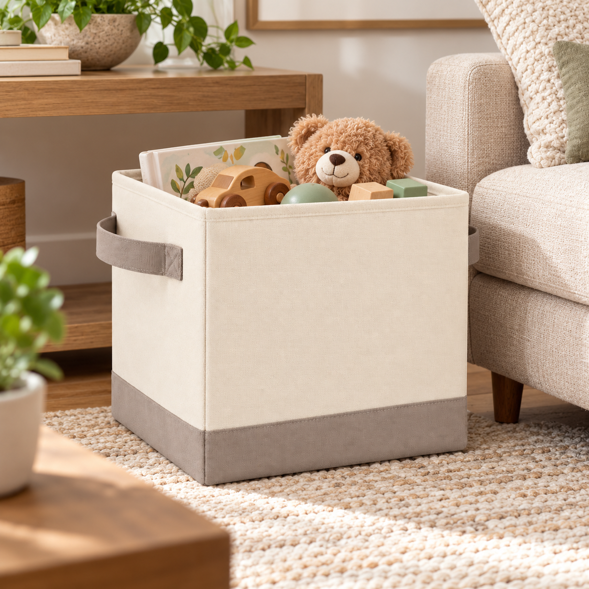 Healthyaus Ivory Fabric-Look Square Storage Bin with Taupe Base and Side Handles