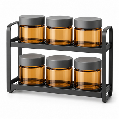 Healthyaus Two-Tier Spice Jar Rack with Six Amber Storage Canisters