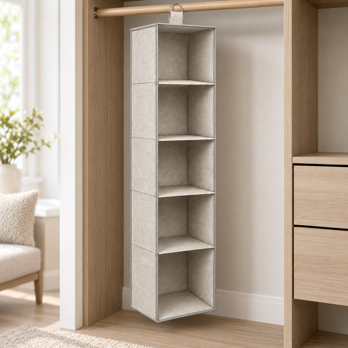 Healthyaus Beige Hanging Closet Organizer with Five Open Storage Compartments