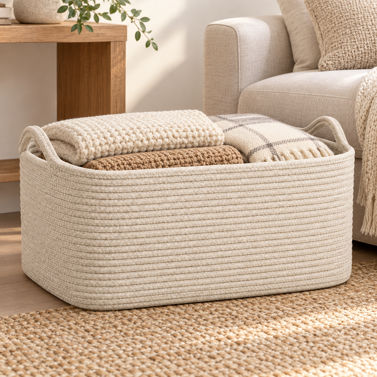 Healthyaus Large Beige Woven Storage Basket with Dual Handle Design